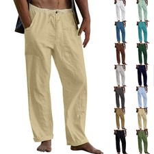 Mens Cotton Linen Pants Straight Elasticated Waist Casual Yoga Sports Trousers