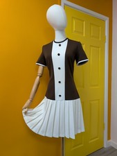 Vintage 1960s Devonshire Lady Brown/White Crimplene Dress - Approx Size 8/10