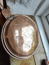 Copper Warming Pan Engraved Tree Of Life, Birds Antique C.1860 Hardwood Handle 
