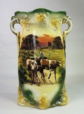 Antique 1920’s Lancaster & Sons Hanley Transfer Ware Cow Print Gilded Vase