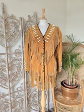 Vintage suede leather fringe tassel western jacket coat M