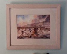 Original Painying Watercolour of Seascape, Boat & Bridges. Signed. Nautical