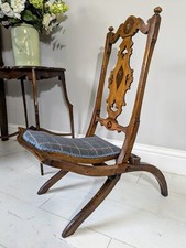 Walnut Campaign Steamer Chair Blue Wool Check Reupholstered 19th Century 