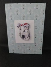 3D cat with Santa hat on patterned card. 6 x 4 inch.