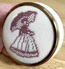 Vintage Framecraft UK Ceramic 3” Trinket Dish Needlepoint Victorian Lady On Lid