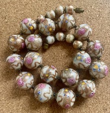 Vintage Italian White Pink Roses Venetian Glass Wedding Cake Bead Necklace 16"