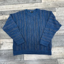 Purely Merino Coogi Style Knit Jumper 3D Retro Wool Blue Sweater Mens Large