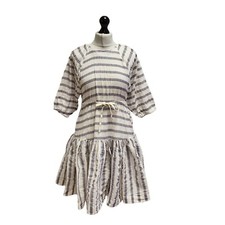 Vintage Chloe Seersucker Dress Striped White Blue Short Sleeve Sundress 12 EU 40
