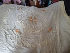 Vintage 70s Chenille Candlewick Bed Spread, Cover, Throw Blanket Floral Pattern