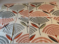 Red Grey Retro Flower Fabric Remnant 4 Pieces At 47cm W X 33cm D