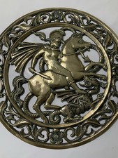 Very Rare Solid Brass St.George and The Dragon Wall Plaque Vintage