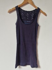 Fat Face Navy Blue Ribbed Stretchy Vest Top Lace Trim Size 6 8
