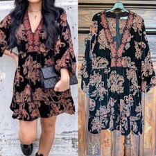 Zara Black velvet Burnout Pink Floral Smock Mini Short Dress S Small  8 10 36
