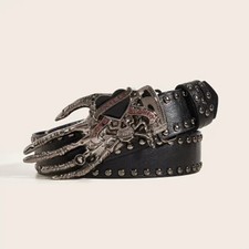 Hand Claw Metal Buckle Punk Style Faux Leather Rivet Studed Belt Durable Casual