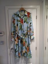 Zara Blue Floral Satin Silky Midi Belted Dress XL 16 Uk Oversized Pockets 