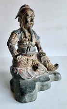 RARE OLD CHINESE QING BRONZE BUDDHA TYPE STATUE - GUAN GONG - TRACES OF GILDING