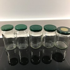5 Empty Glass Jars with GREEN screwtop lids.Ideal for jam/preserves,pickling etc