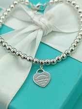 Return To Tiffany & Co Sterling Silver Heart Tag On Mini Bead Bracelet 6.75"