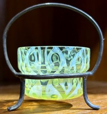 Antique Vaseline/Uranium Glass Salt/Condiment Dish In Cradle Walsh Stourbridge