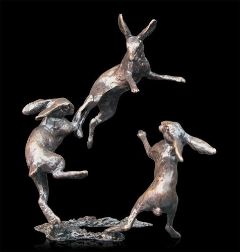 Hares dancing bronze miniature - hares,