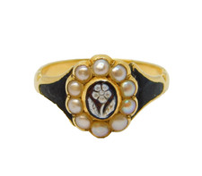 Victorian 15ct Gold, Black Enamel, Pearl, Hardstone Mourning Ring Antique c1850