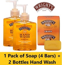 Wrights Coal Tar Soap Antiseptic 1 Pack of 4 Traditional Fragrance + 2 Hand Wash