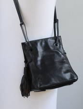 ALLSAINTS , 'LIBERTY ' SOFT BLACK LEATHER MINI BUCKET BAG / CROSSBODY , TASSELS