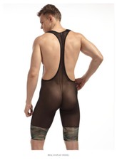 Mens Wrestling Singlets Suit Boxing One-piece Tights Sheer Mesh Leotard Jumpsuit