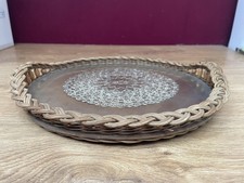 Vintage Natural Wood & Woven Wicker Round Tray Or Plant Stand with glass insert