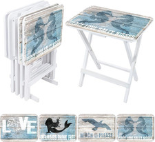 Coastal Beach TV Trays Set of 4 with Stand Cape Craftsmen Mermaid Shore Birds Fo