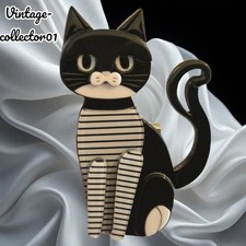 Modern Arcrylic Handmade BROOCH 3D Quirky Black & White Striped Cat Kitten BN 