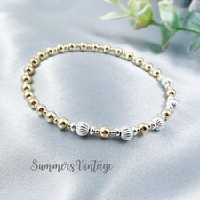 Gold and Sterling Silver Stacking Bracelet 925 Ball Beaded Stretch Dainty Boho
