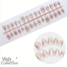 Press on Nails Short Oval Crystal Nude Ombre False Diamond Shimmer With Glue