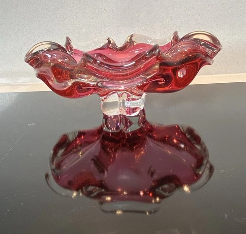 Red clear art glass compote - clear,