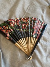 Vintage Wood Paper Fan Flower Design Japanese Style