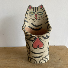 Katrin Schober Studio Pottery Cat Vase Germany Handmade Stoneware Tealight 20cm