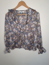 Petite Sz 10 Ruffles Floral Business Poet Sleeve Office Gold Pinstripe Blouse