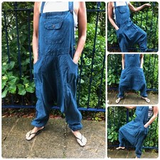 Stonewash Drop Crotch Dungarees Plain Overalls Festival Jumpsuit Harem Pants