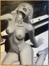 Black and White Canvas Oil Painting of Naked Woman on a Boat