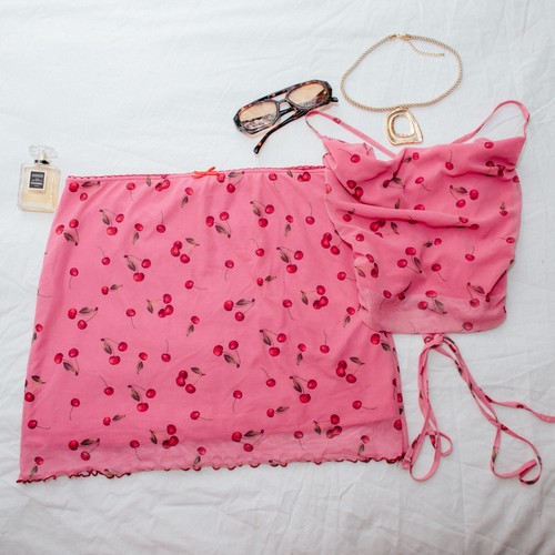 Y2k cherry print mesh set - print,