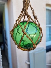 Vintage Hanging Hand Blown Green Glass Bal With Pontil Mark And Blowing Marks