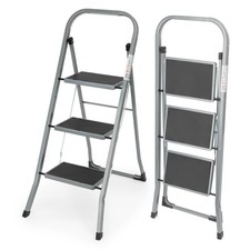 LIVIVO 3 Step Ladder with Handrail Steel Frame Foldable Anti Slip Steps 150kg Gr