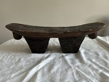 Vintage African Hand carved Ashanti Stool/head Rest With Decorated Metal Top&leg