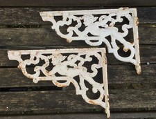 Pair Antique Architectural Cast Iron Brackets / Corbels Ornate Putti Cherubs