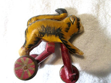 Antique Primitive Folk Art Hand Carved Wood Toy Monkey Riding Tricycle
