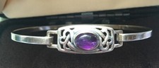 Boxed Ortak Orkney Celtic Bangle Silver Set With Oval Amethyst Stone .