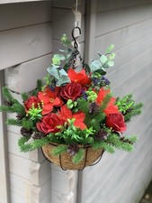 Artificial Flowers Garden Hanging Basket Autumn Winter Red Christmas Plants Pine