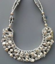 Statement Necklace One Button Faux Pearl & Crystal Bead Collar Bib BNWT 910