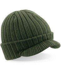 Beechfield OLIVE GREEN Double Layer Soft Touch Peaked Beanie Ski Hat Curved Peak