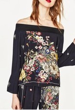 ❤️ Zara Black Floral Off Shoulder Top & Wide Leg Pants Party Suit Size UK XS 6/8